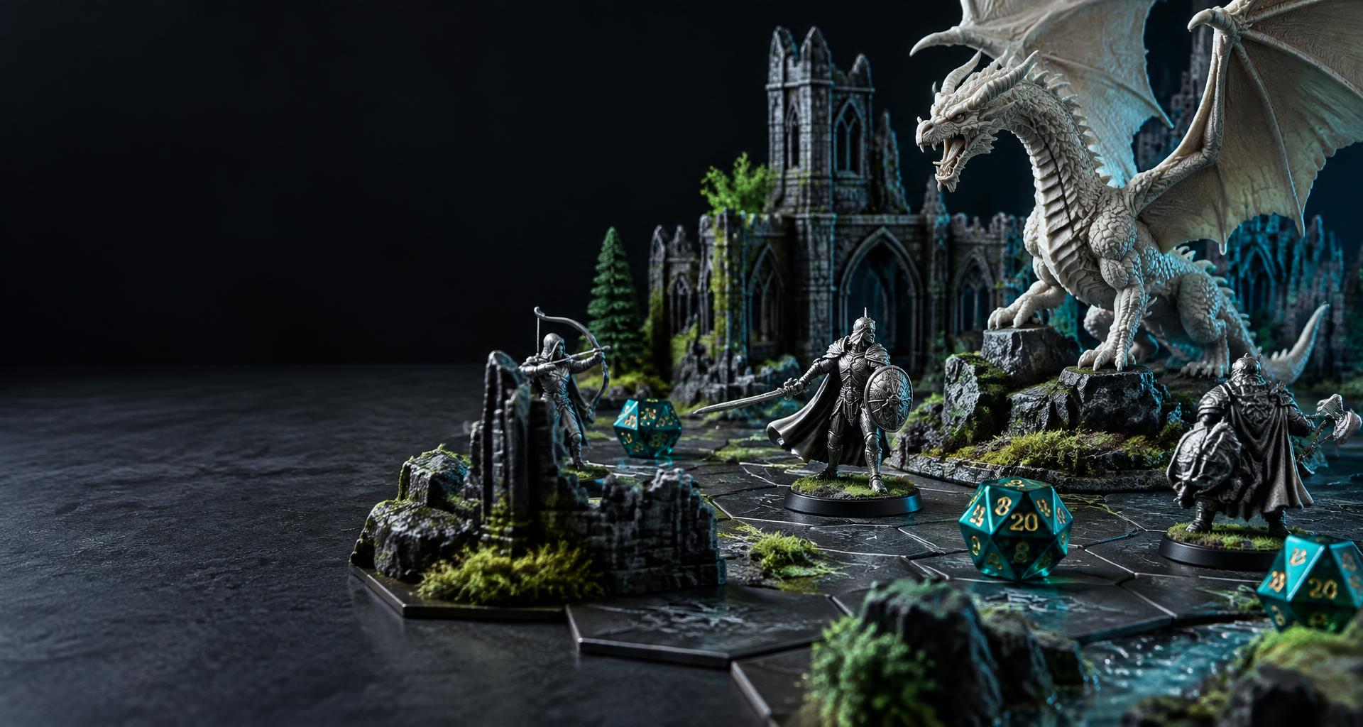 Dragon and warrior miniatures with teal dice on a fantasy game board